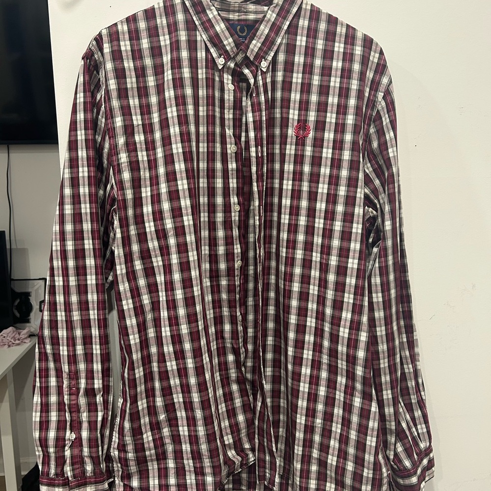 Fred Perry Men's dark purple and white Plaid Shirt
